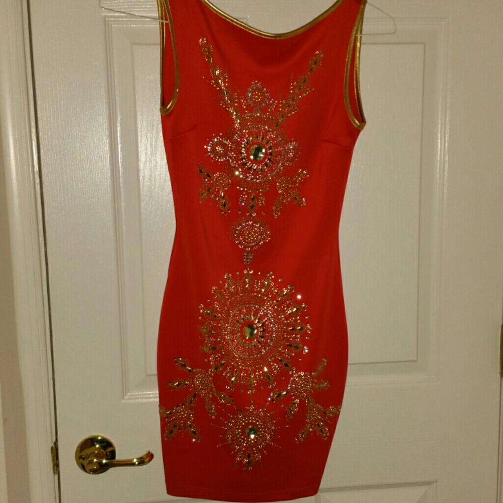 Arden B Red Embellished Bodycon Dress with Gold Accents